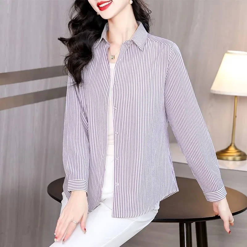 

Women's Striped Long Sleeve Shirt Casual Loose Button-Down Blouse for Moms