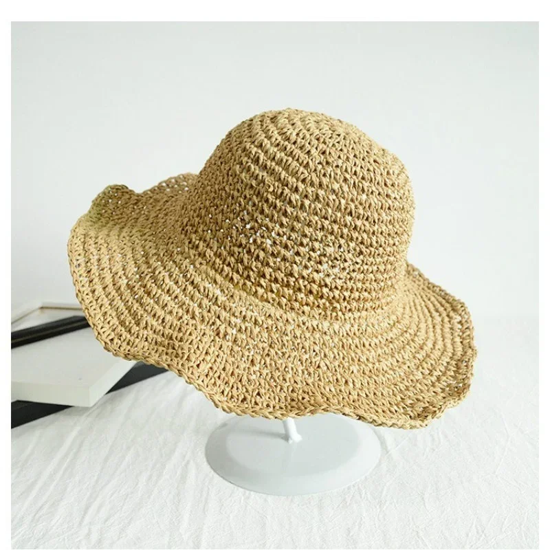 Wide Brim Ribbon Beach Hat Ladies Summer Outdoor Bucket Hat Breathable Sun Hat Fashionable Straw Hat FoldableTravel Hats