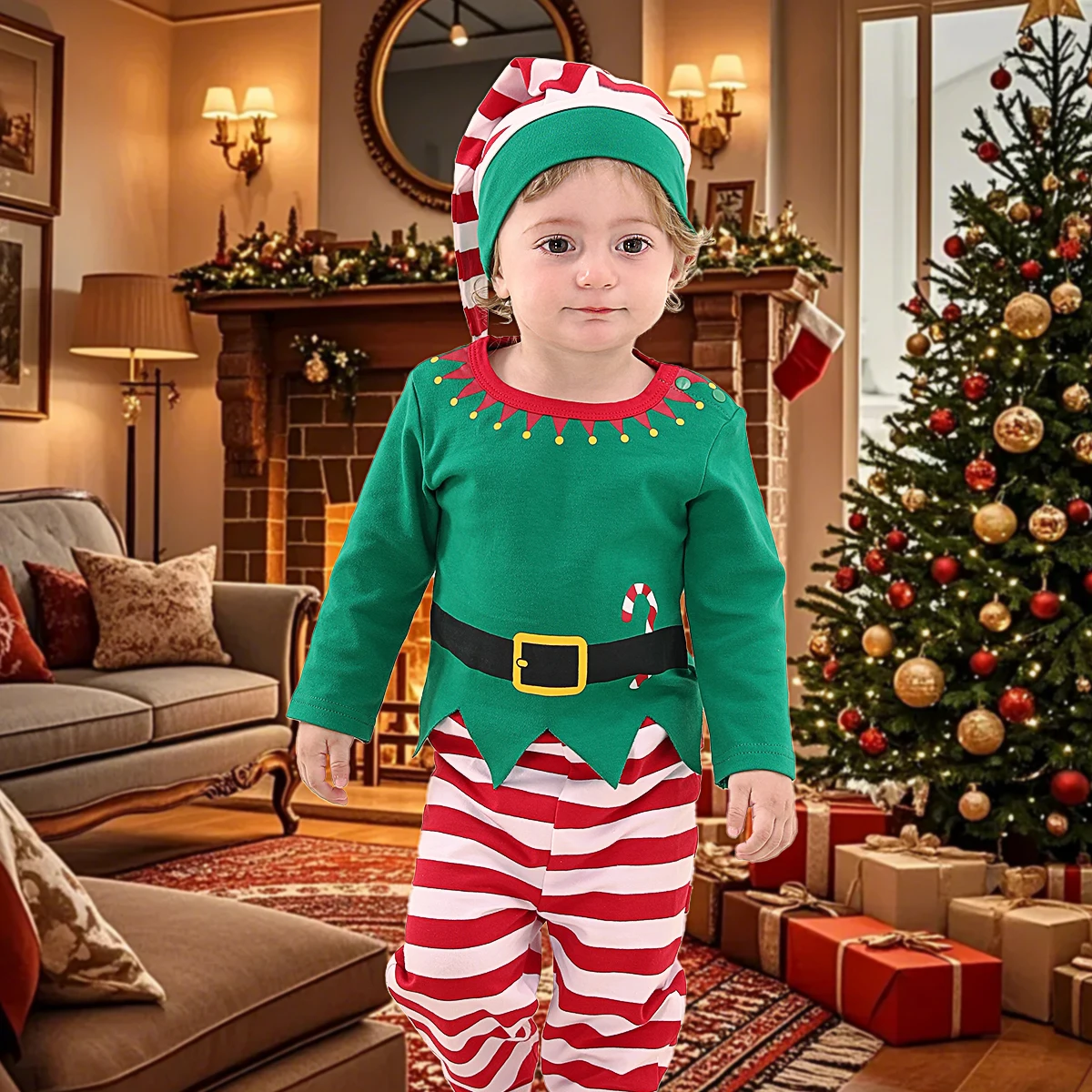 Baby Boys Christmas Clothes Toddler Green Elf Outfit Infant New Year Gift Costume Girl Long Sleeved Cartoon Xmas Cosplay 3 Pcs