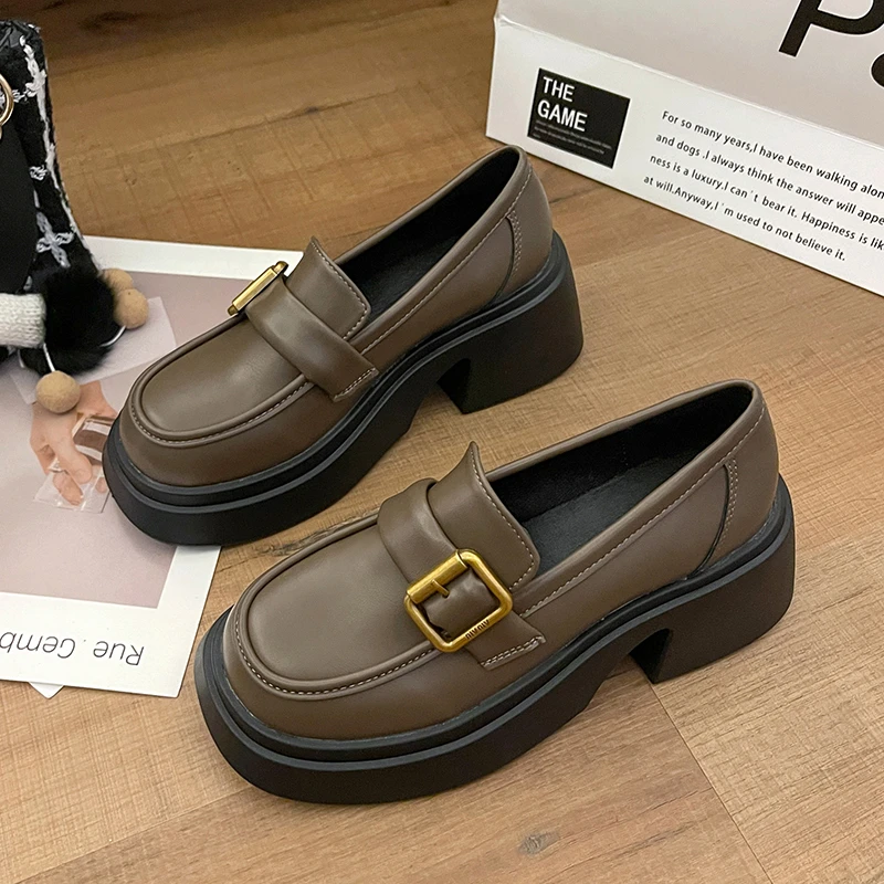 Sepatu pantofel wanita, Kasut kulit hak tinggi, Slip on, gesper persegi padat, Kasut Platform Zapatos Mujer