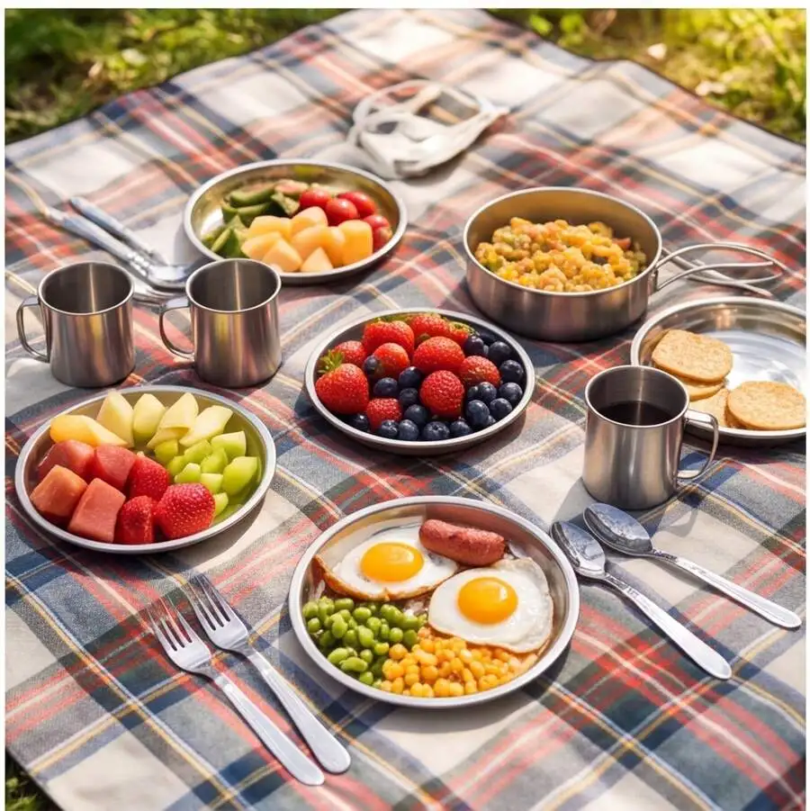 10-Piece Outdoor Cookware Set (8 Utensils + 1 Color Box + 1 Storage Bag) Stainless Steel Camping Cookware Full Set, Folding Hand