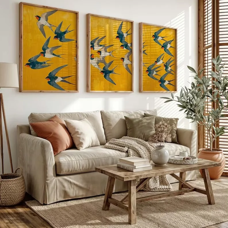 frameless Canvas Painting Swallow Birds Poster Set of 3, Japanese Art Print, Yellow and Blue Wall Art Frameless Canvas Home Dec