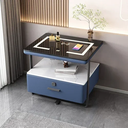 * Modern Simple Rock Panel Smart Bedside Table Nightstands Wireless Charging Locker Luxury Bedroom Multifunction Furniture