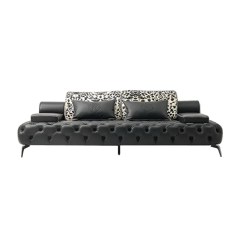 *Exclusive Custom Italian Sofa Luxury Black Leather with Stainless Steel Legs Italian Designer Crafted for Elegant Villa Setting