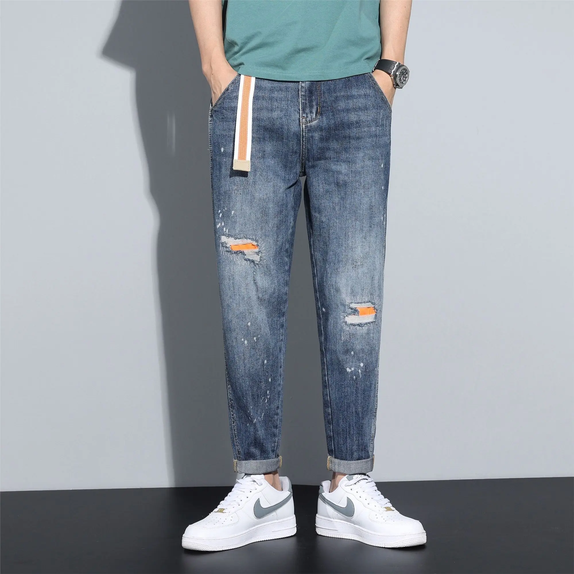 Jeans Berlubang untuk Pria Celana Panjang Rusak Longgar Longgar Robek Tren 2025 Kaki Lebar Mode Kpop Asli Xs Celana Koboi Pria Robek