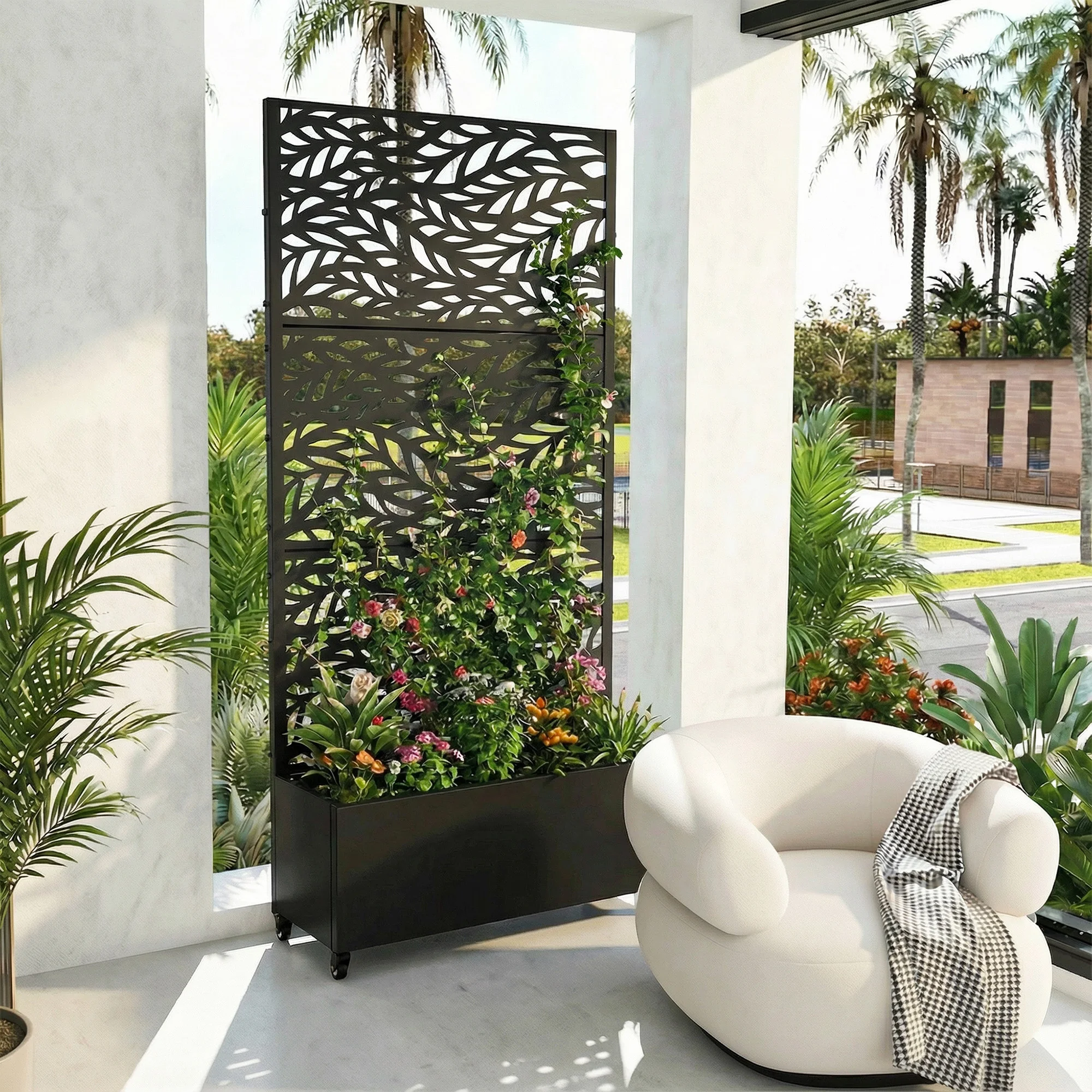 6 ft. H x 3 ft. W Metal Planter Box privacy screen Garden Bed with Trellis and Wheels - Black