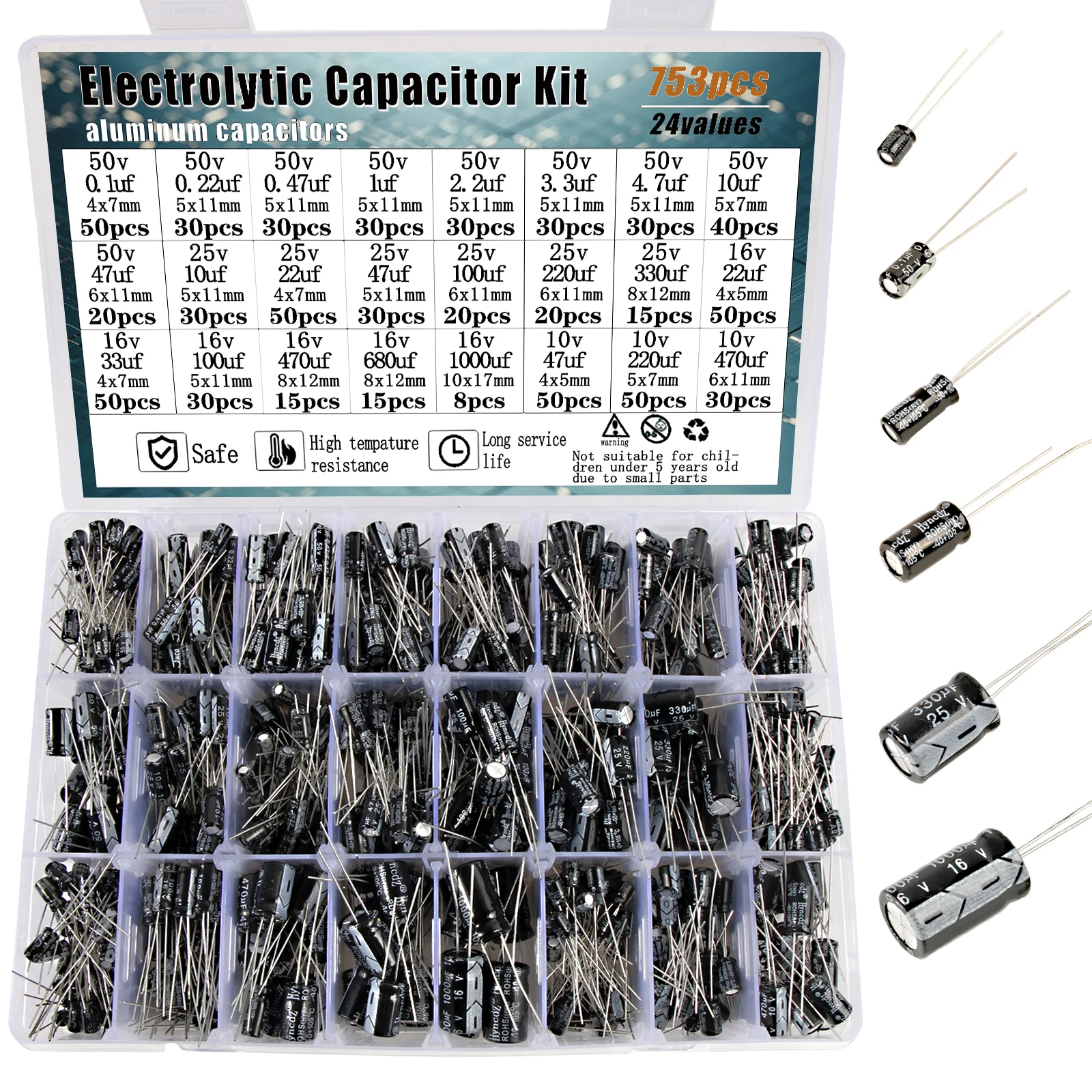 753pcs Aluminum Electrolytic Capacitor Assortment Kit 24values  10v 16v 25v 50v 0.1uf 1uf 2.2uf 33uf 47uf 220uf 470uf 680uf