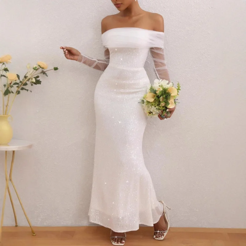 New Fashionable Simple Sequined White Wedding Dress Evening Gown Ball Party Dress