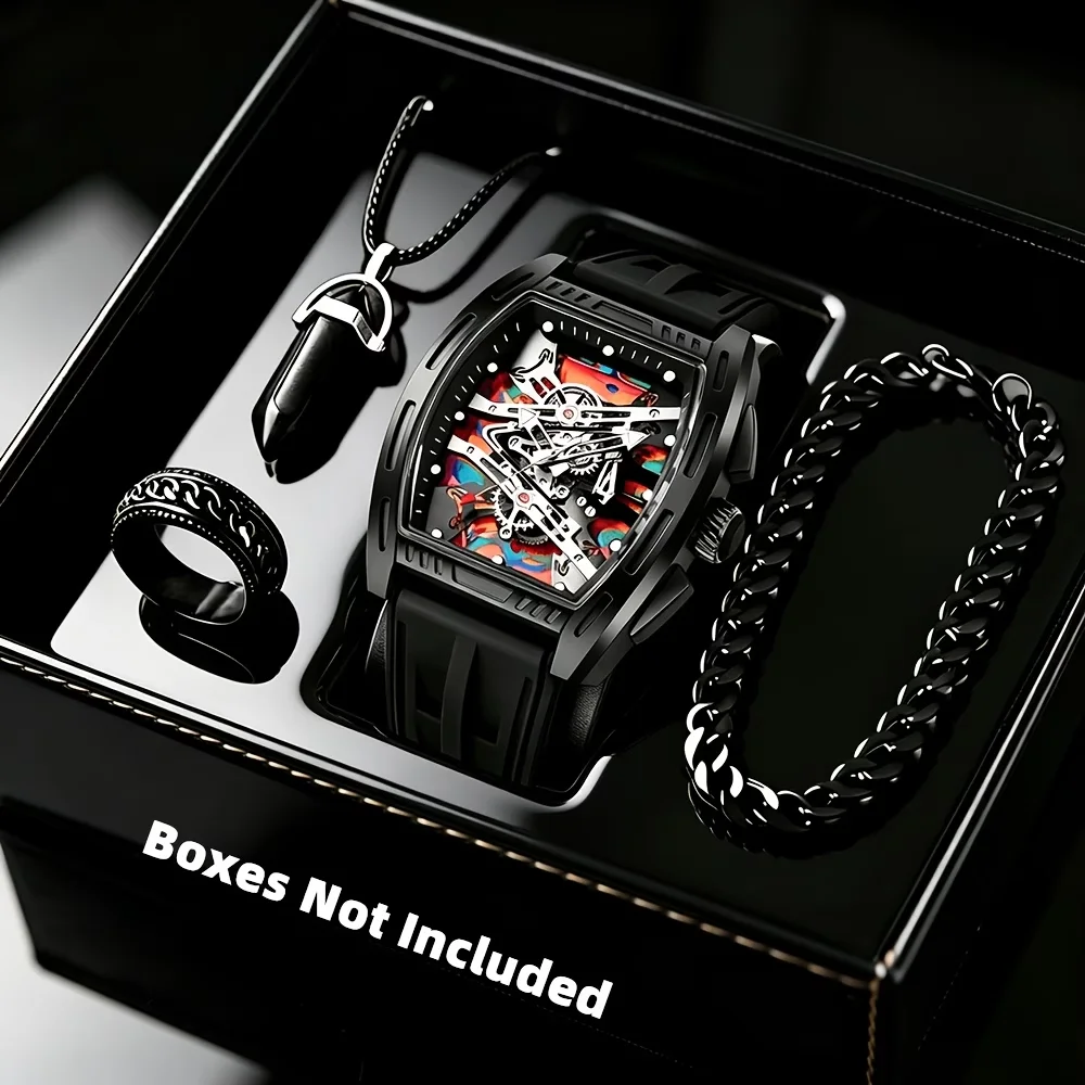 4PCS Luxury LargeTonneau Dial Men Quartz Watch Jewelry Set Silicone Strap Sports Wristwatches Relogio Masculino（Without Box）