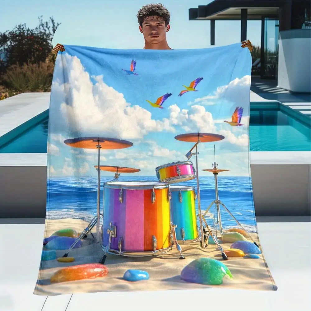 Bright Beach Drum Set Design Polyester Fiber Felt Rug for Home Decoration, Travel, Camping, Sofa, Bedding Digital Printing, .