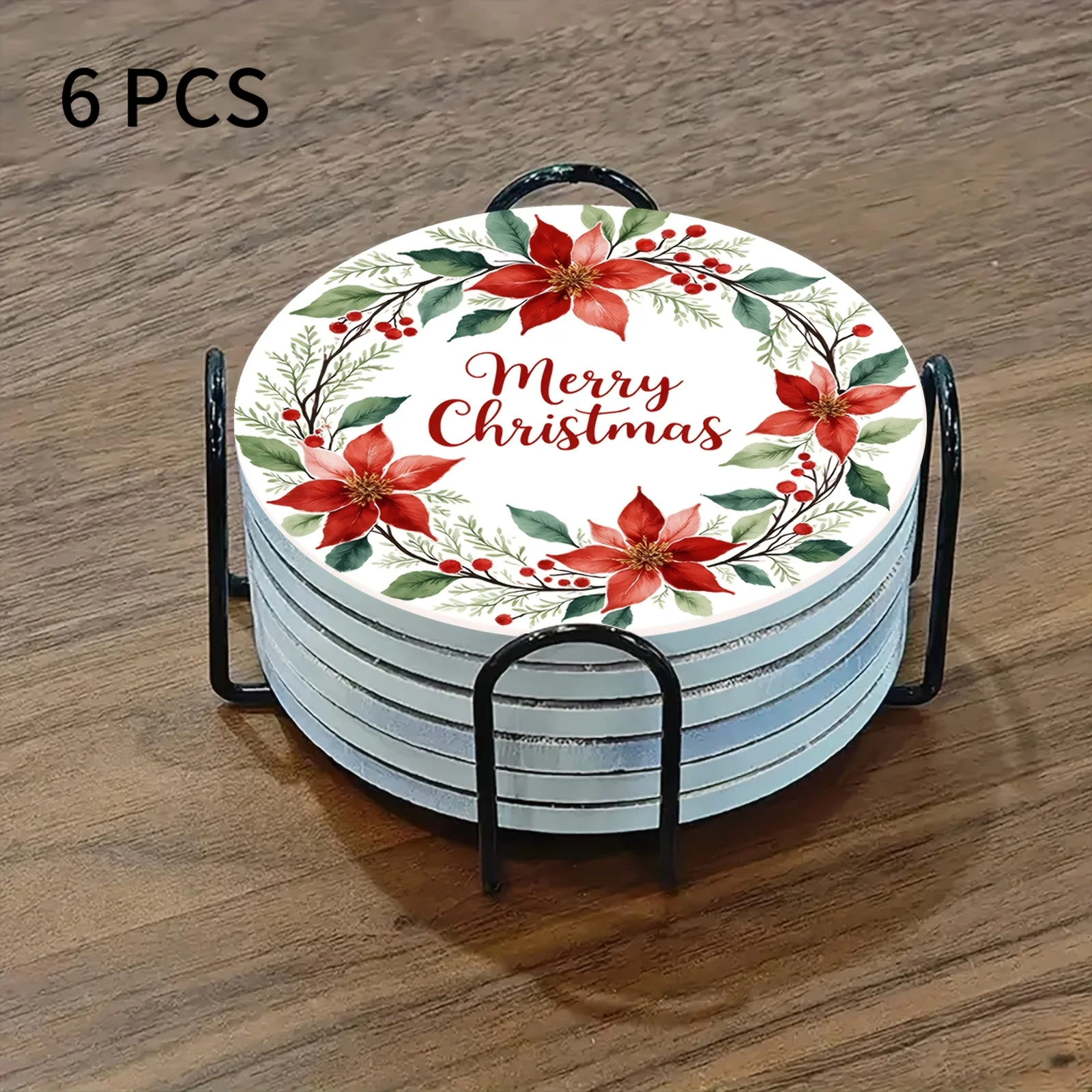 12/6 Pieces of Round Wooden 2D Flat Coasters, Christmas Wreath Blessing Design, Suitable for Home Bars, Office Desks and Living Rooms, Kitchen Accessories and New Home Gifts, Non-Slip Heat Insulation Pads, Creative Coffee Mats, Home Accessories, Holiday Party Decorations
