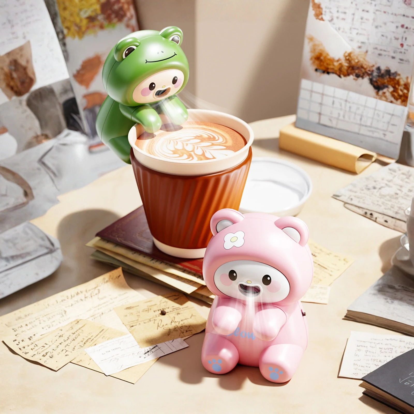 Clip-On Food Table Fan with Data Cable Cute Cartoon Frog Fans Portable Desktop Cooling Fan for Noodle Coffee Tea Hot Drinking