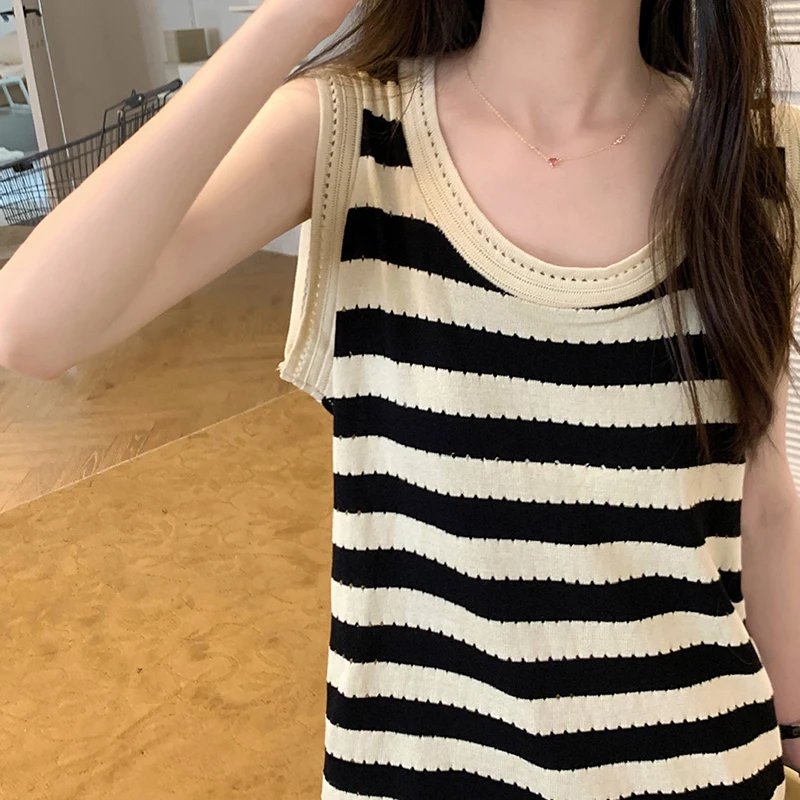 Y2K Korean Style Striped Knitted Tanks Tops Women Sexy Sleeveless Hollow Out Knitwear O-neck Streetwear Loose Ladies Mini Dress