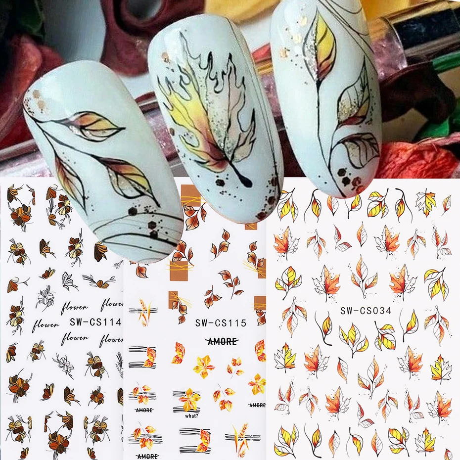 3 stücke Herbst Ahornblatt Nagel Aufkleber Herbst Spitze Blume Blatt Pflanze Geometrische Linie Aufkleber Selbstklebende Slider Maniküre Dekoration