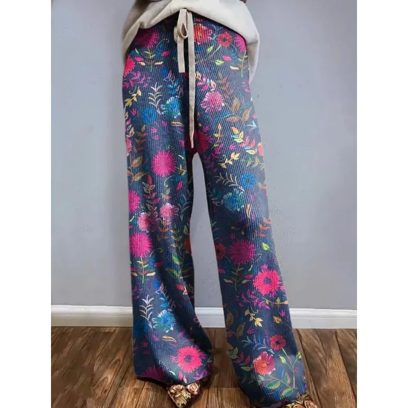 Estilo europeu romântico floral casual calças de perna larga calças esportivas femininas boho festa cordão calças soltas plus size