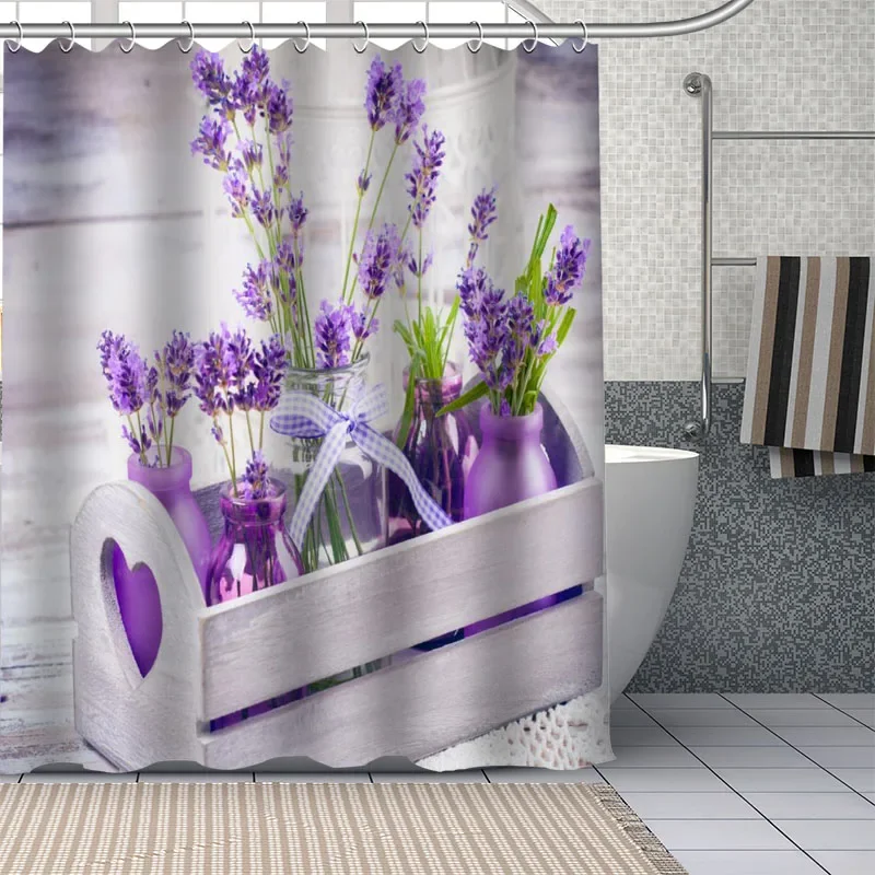 

Custom Beautiful purple lavender flowers Shower Curtains DIY Bathroom Curtain Fabric Washable Polyester for Bathtub Art Decor