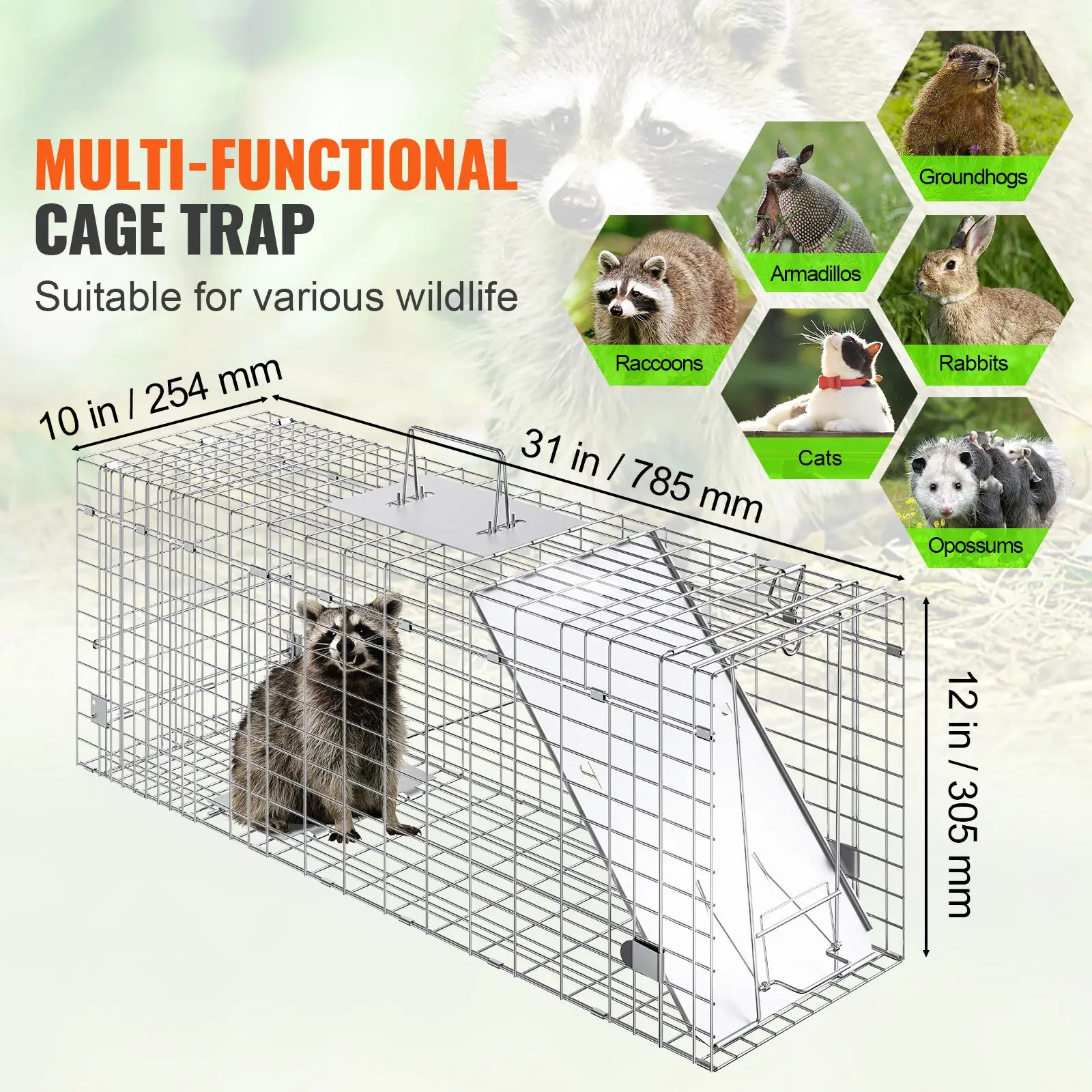 Live Animal Cage Trap, 31" x 10" x 12" Humane Cat Trap Galvanized Iron, Folding Animal Trap with Handle for Rabbits, Stray Cats, Squirrels, Raccoons, Groundhogs and Opossums view 5