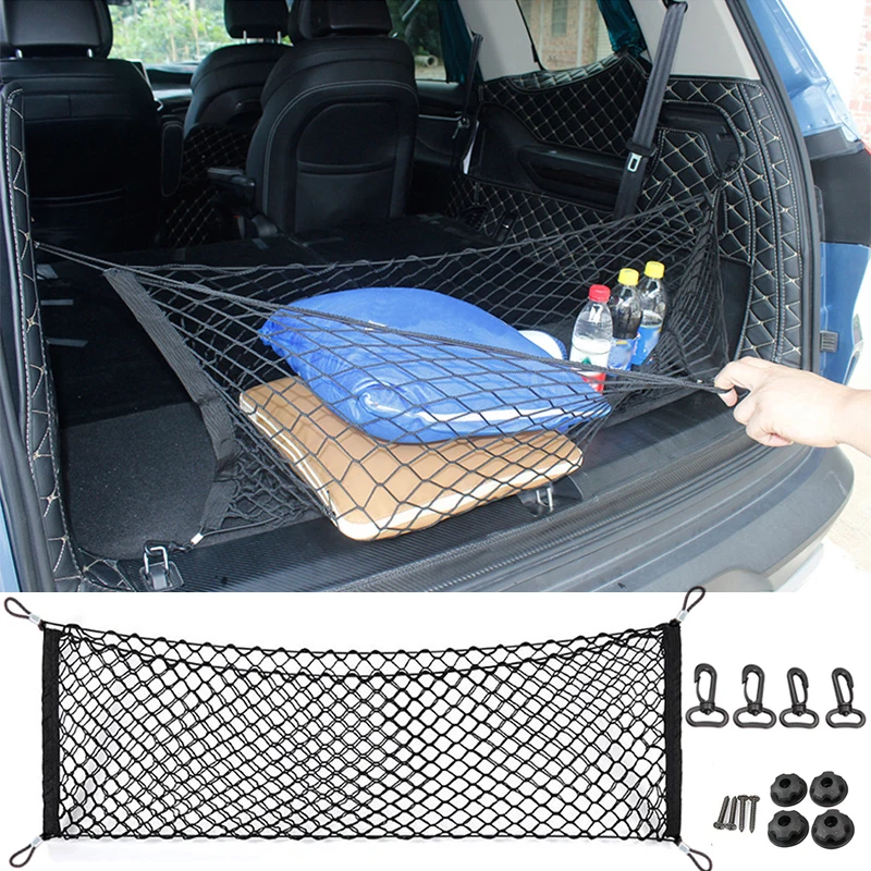 90x40CM Car Trunk Rear Storage Cargo Luggage Nylon Elastic Net Holder With 4 Plastic Hooks Pocket For Car Van Pickup SUV MPV