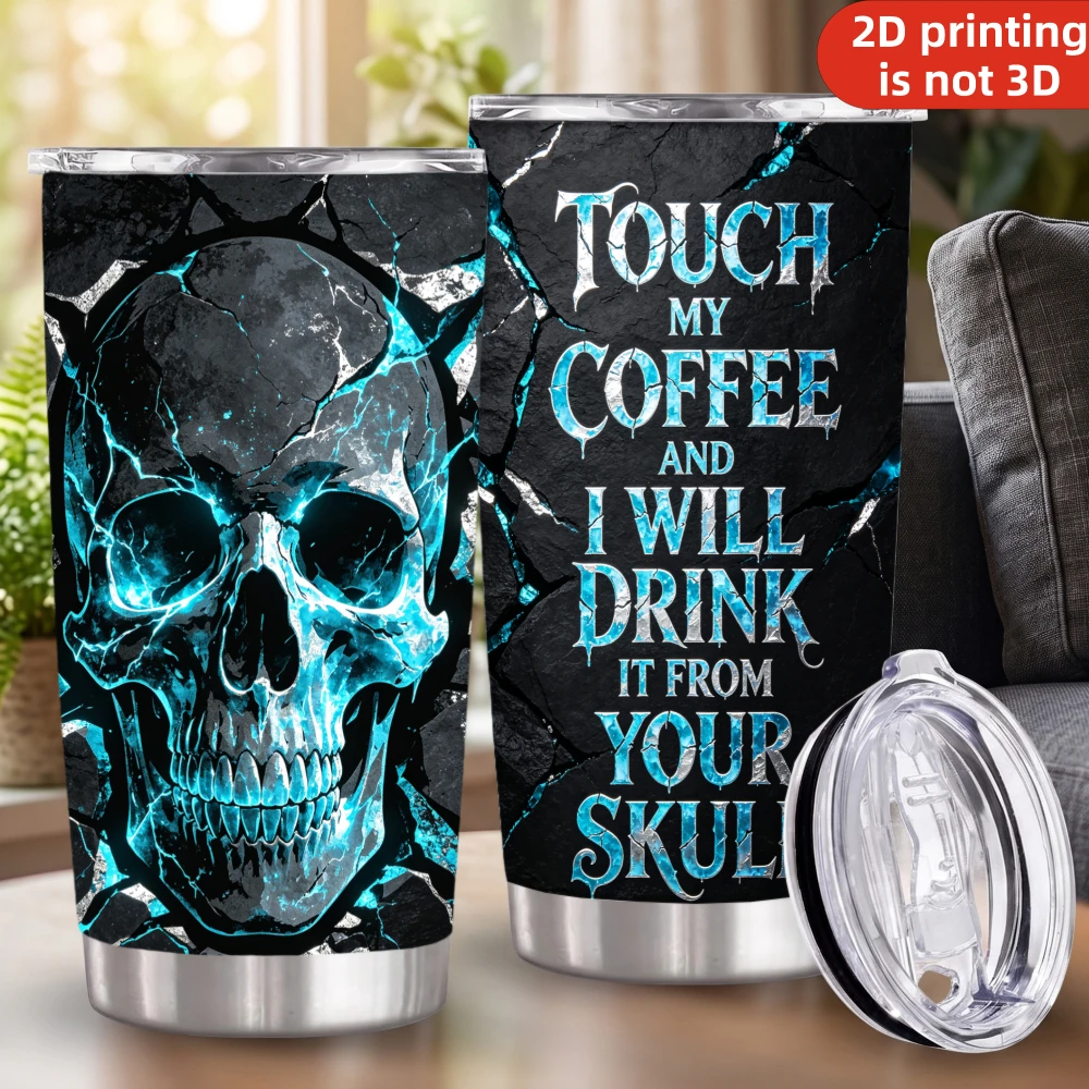 20oz Ice Blue Fire Skull Printed Stainless Steel Tumbler with Lid and Straw, Touch My Coffee Drink From Your Skull Gothic Cracks Vacuum Insulated Travel Coffee Mug Gifts for Men