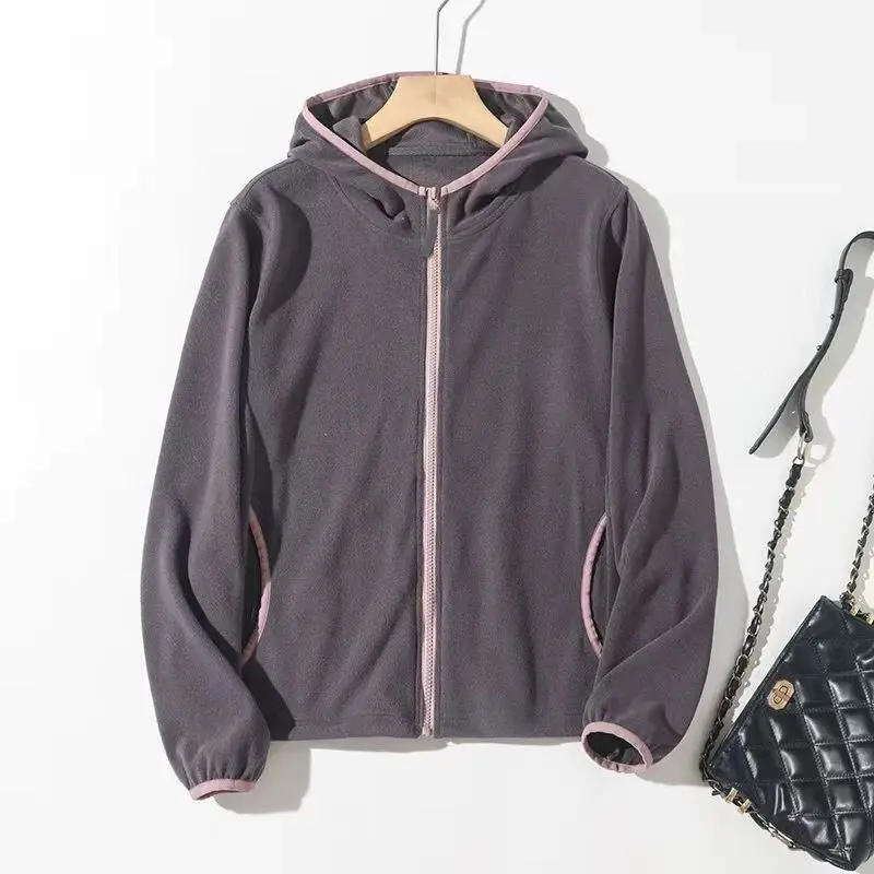 Sudadera con capucha y cremallera para mujer, informal, holgada, de Color sólido, con bolsillo y detalles de ribete rosa, para primavera y otoño