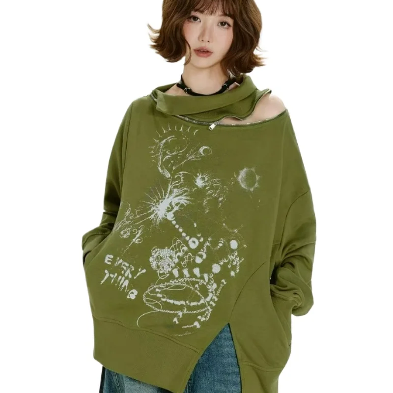 Spring/Autumn New Style Fashionable Loose Versatile Top American Retro Printed Zipper Design Long-sleeved Sweatshirt for Women