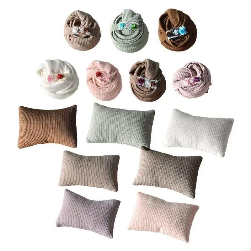 Newborn Photography Swaddles Wrap And Headband Set Soft Polyester Cotton Fabric With Pillow For Baby Photoshoots A2UB