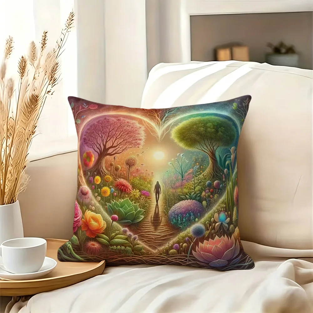 Enchanted Forest Dreamscape Throw Pillow Cover Boho Cottagecore Garden Art Cushion for Sofa Decor