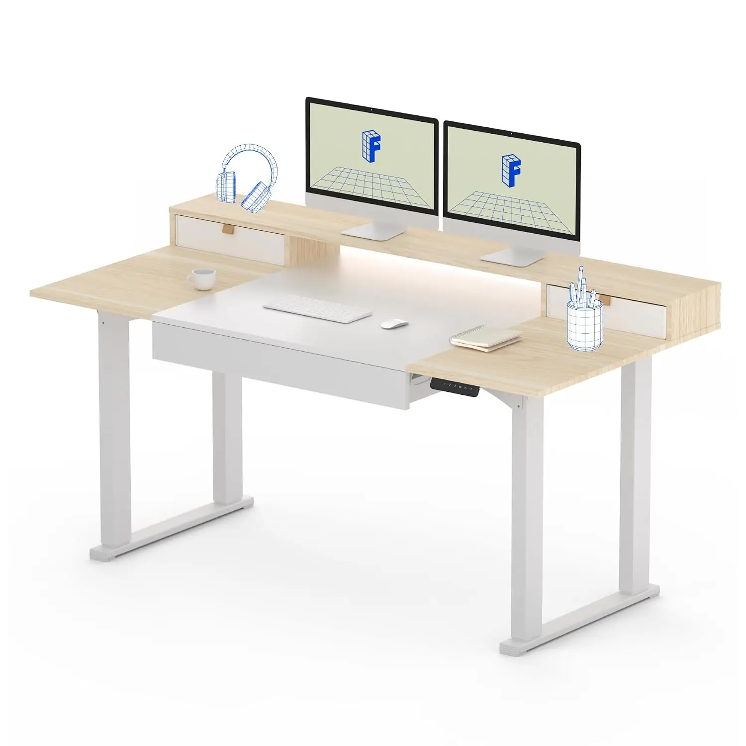 4-Leg Electric Standing Desk with Storage Shelf, 63x32 Inch Adjustable Height Workstation for Home Office, White, Customized
