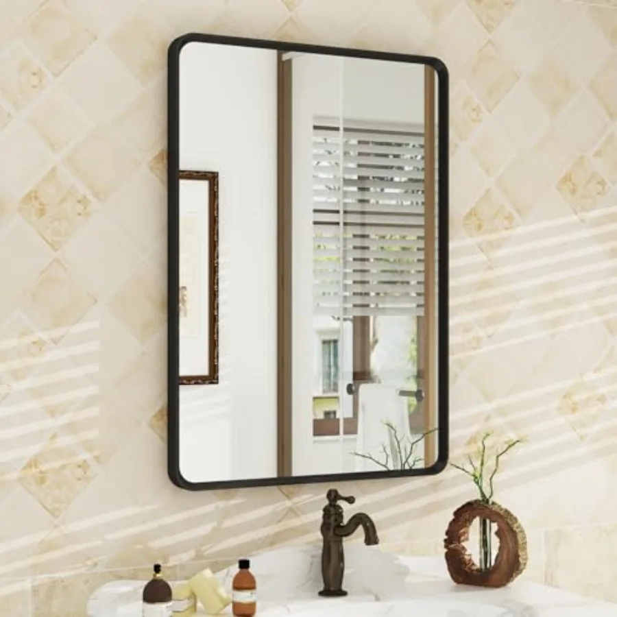 

20X28 Inch Bathroom Mirror for Wall, Black Metal Frame Vanity Mirror, Black Rounded Rectangle Mirror for Bedroom, Anti-Rust, Wa