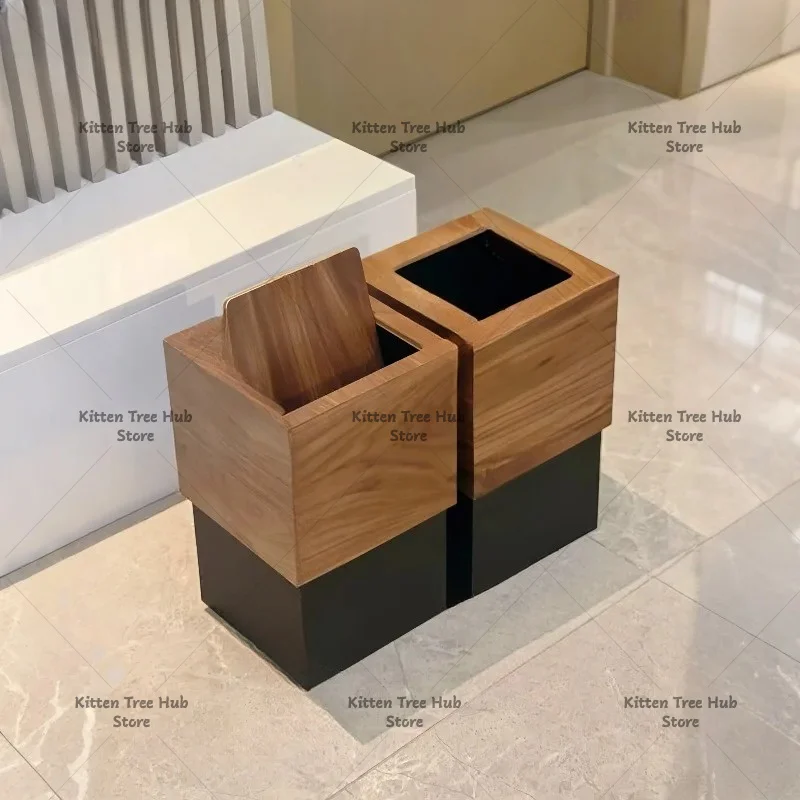 Light luxury wooden trash can household living room bedroom hotel covered garbage bin creative aesthetic home waste container