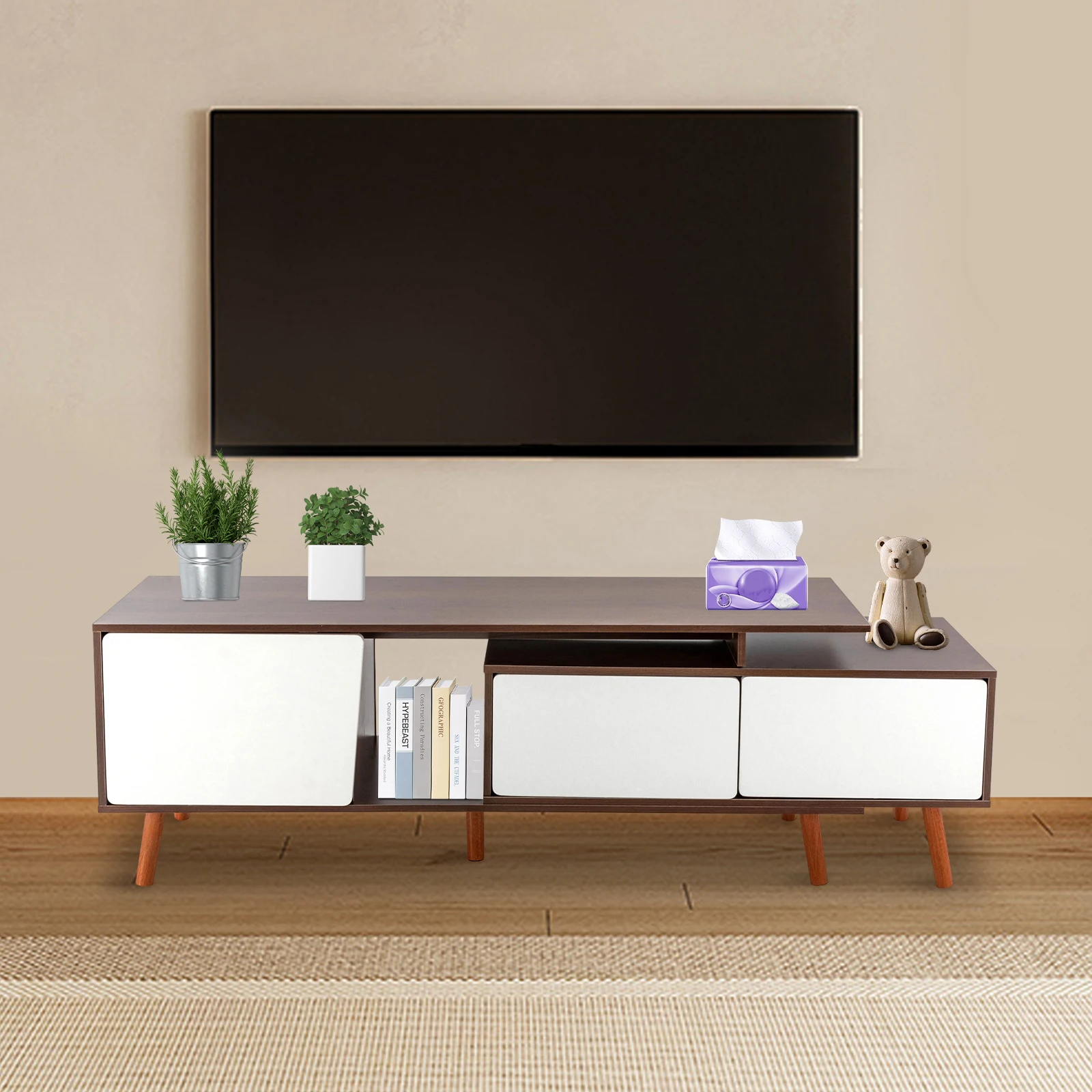 

Extendable TV Stand, 3-Door Television Cabinet, Adjustable Length 120 To 200cm, Dark Walnut Media Console, Expandable Storage