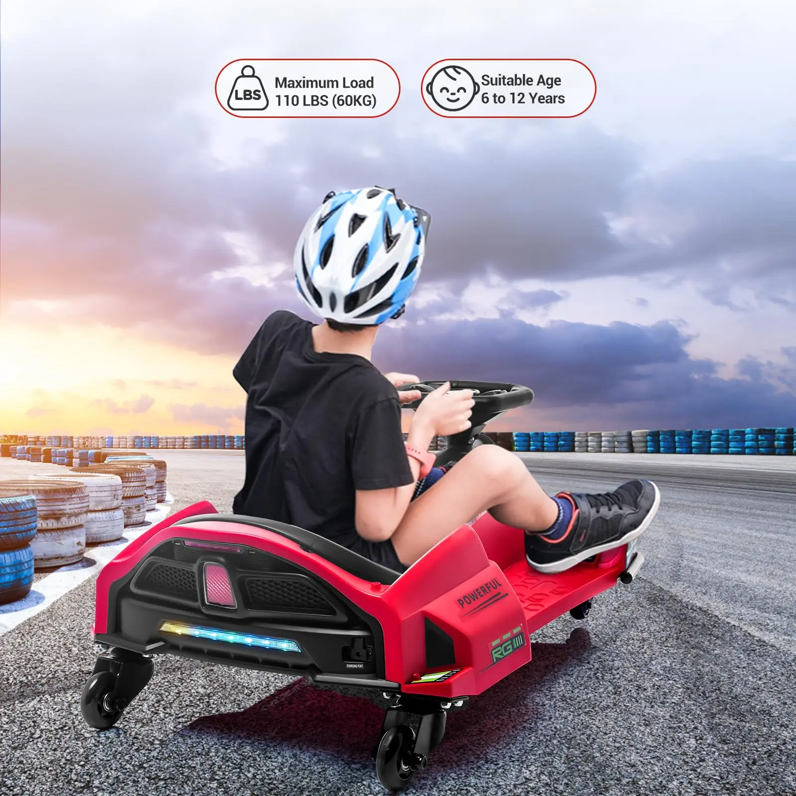 24V Kids Electric Drift Go Kart 180W Brushless Motor, 7Ah Battery, Music, LED Lights, Low Power Alarm, 110LB Capacity Ages 8+