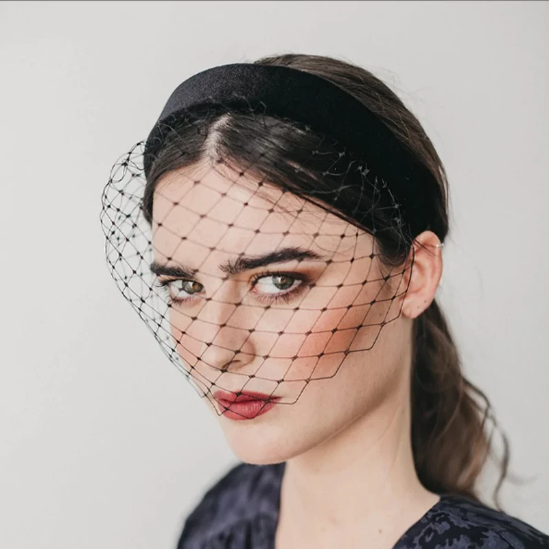 Velo de diadema negro para novia, velo de jaula de pájaros encantador, velo de tocado ancho de terciopelo elegante, accesorios para el cabello de boda, tocados