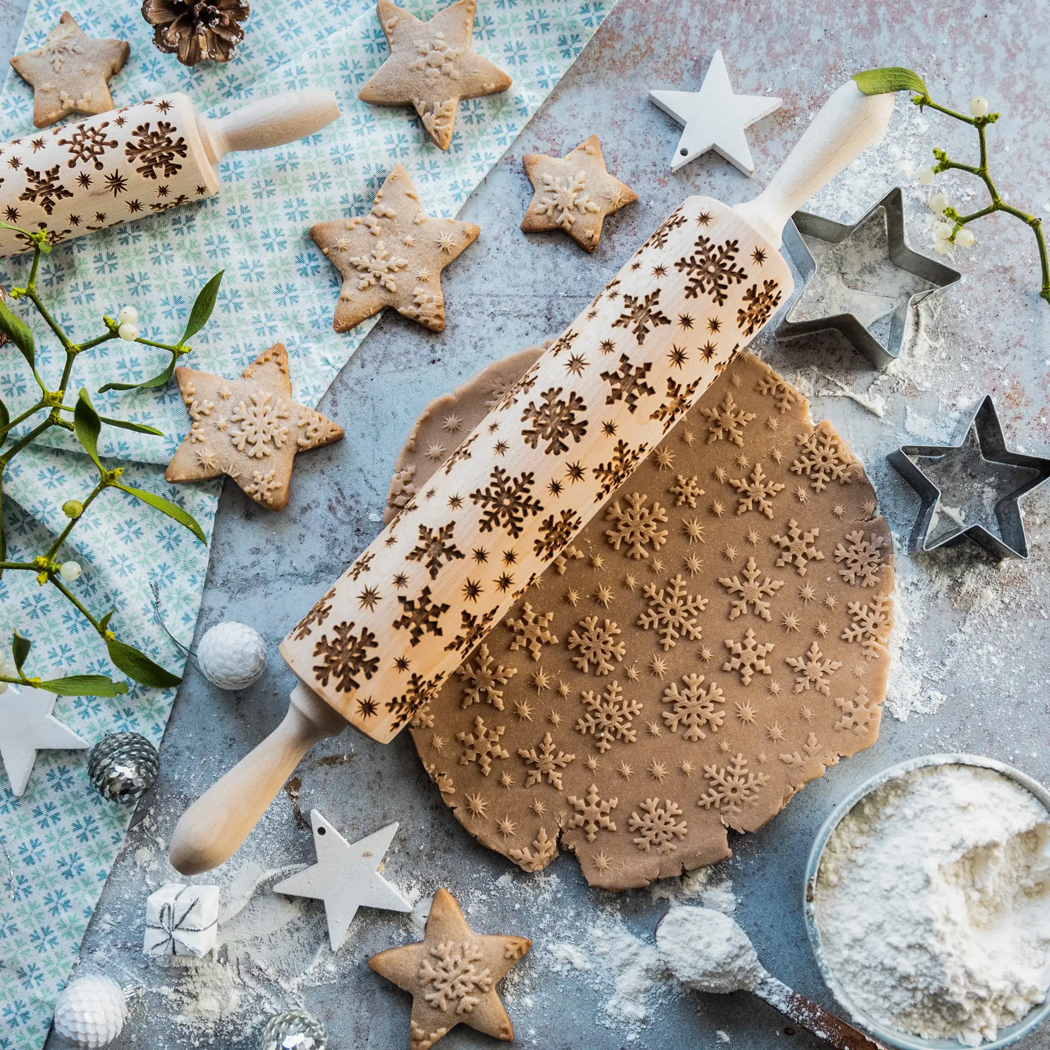 printing Rolling Pins Rock Snowflake Elk Wooden  Embossing Baking Cookies Biscuit Fondant Cake Patterned Roller 35*4.5cm