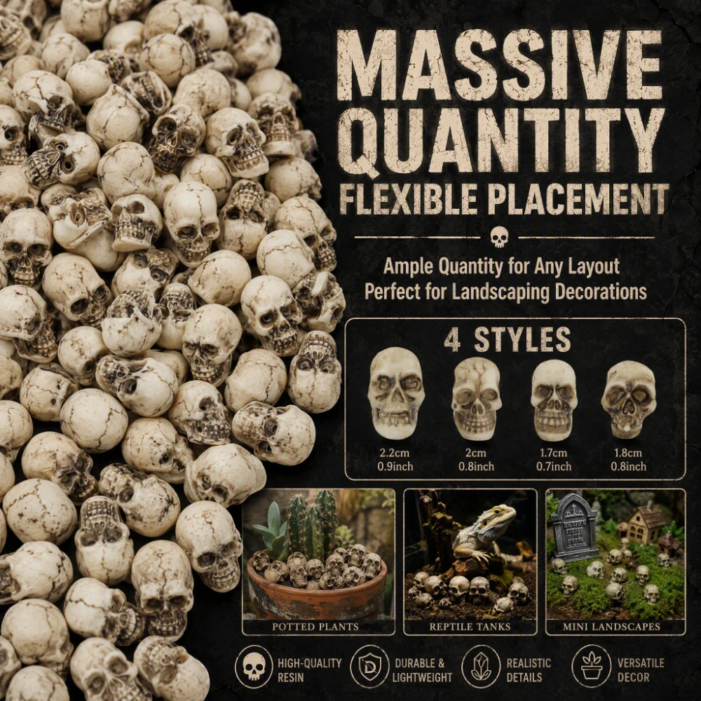 100pcs Halloween Decor Resin Skull Decorations, Aquarium Substrate, Plant Pot Ornament, Reptile Habitat Halloween DIY