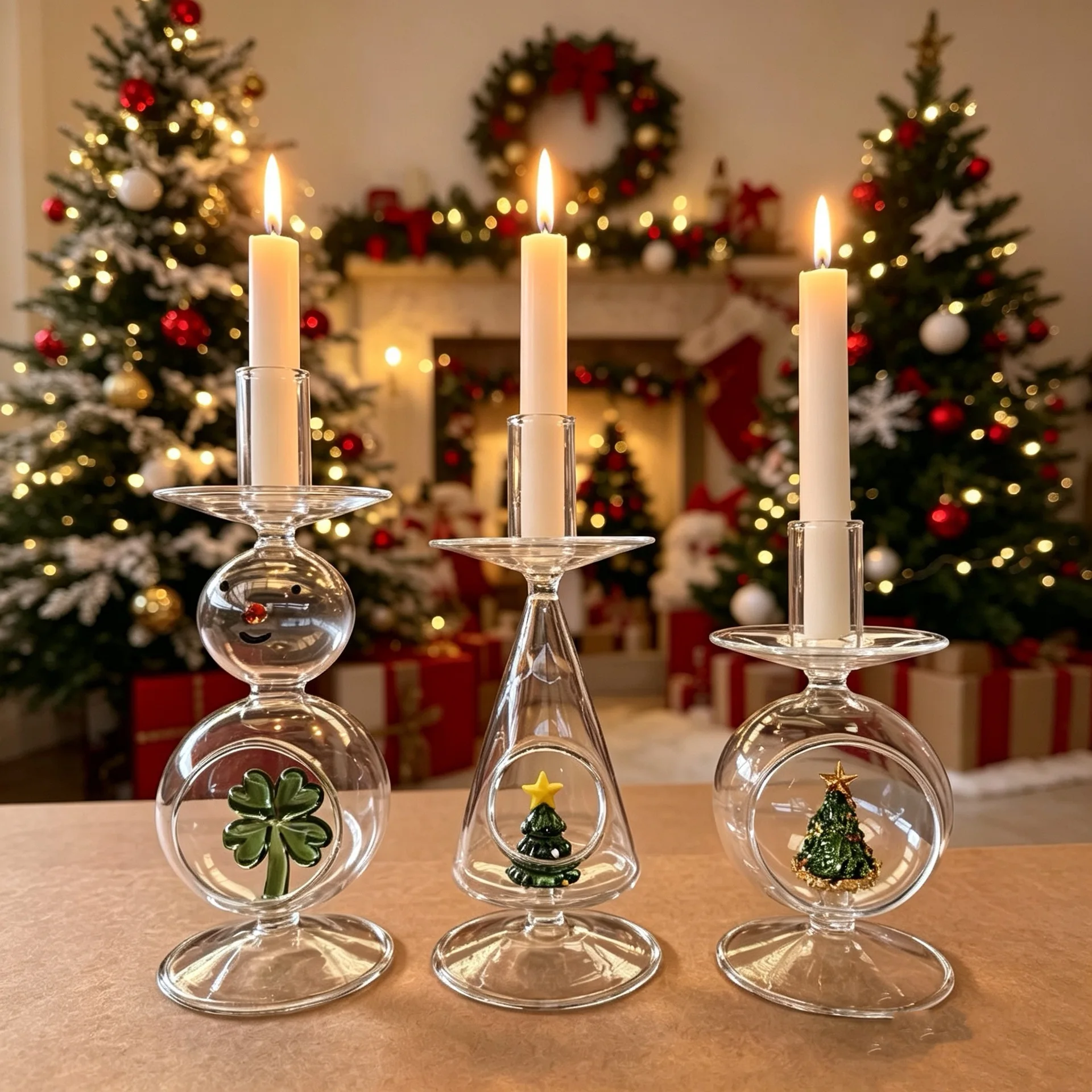 HYS simple creative glass candle holder desktop decorative glass candle holder household atmosphere double ball Christmas