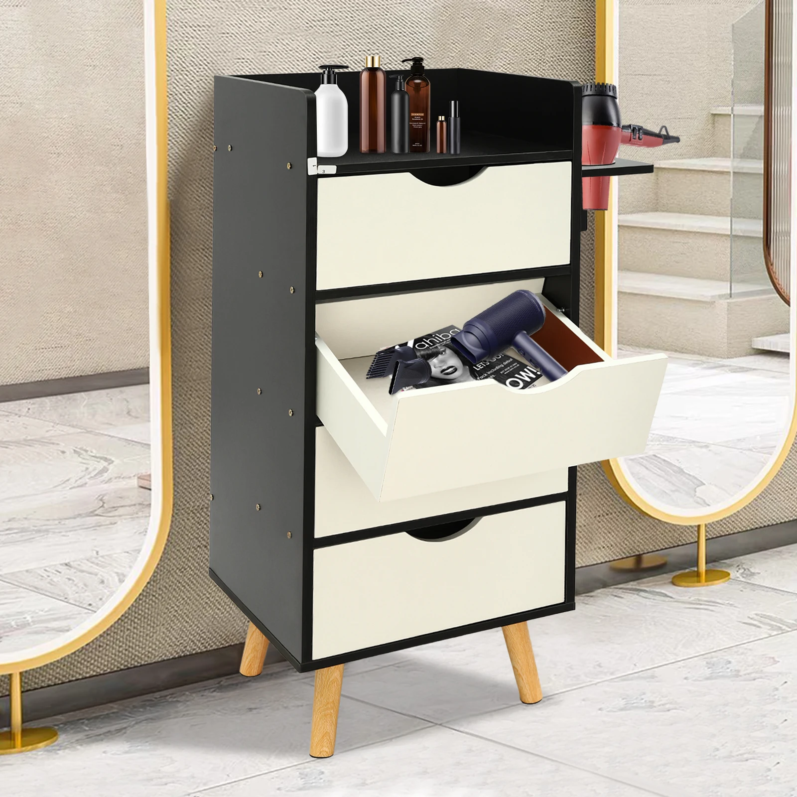 Barber Salon Wooden Storage Cabinet with 4 Drawers Hair Dryer Holder Storage-Rack White&Black