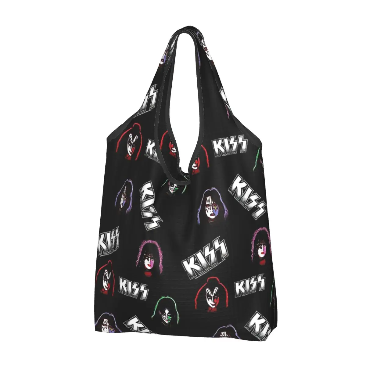 Kiss Band Rockstar Faces Logo Large Reusable Bags Shopping Machine Washable Foldable Grocery Bags 50lb Heavy Duty Gift Tote Bags