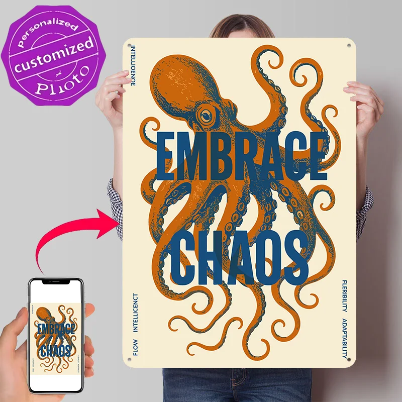 Embrace Chaos Octopus Retro Nautical Personalized 3D Textured Metal Poster Wall Art Tinplate Sign for Office Decor Room Home Tin