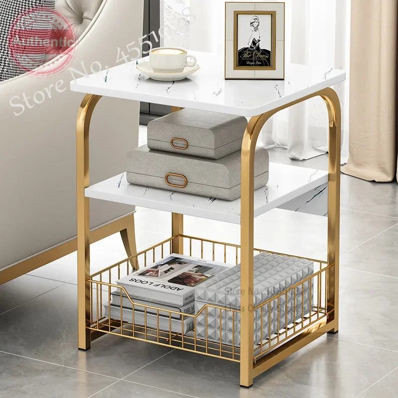 

North Golden Tea Table, Iron Square Marble Magazine Shelf, Movable Small Desk,Coffee Table for Bedroom and Living Room Furniture