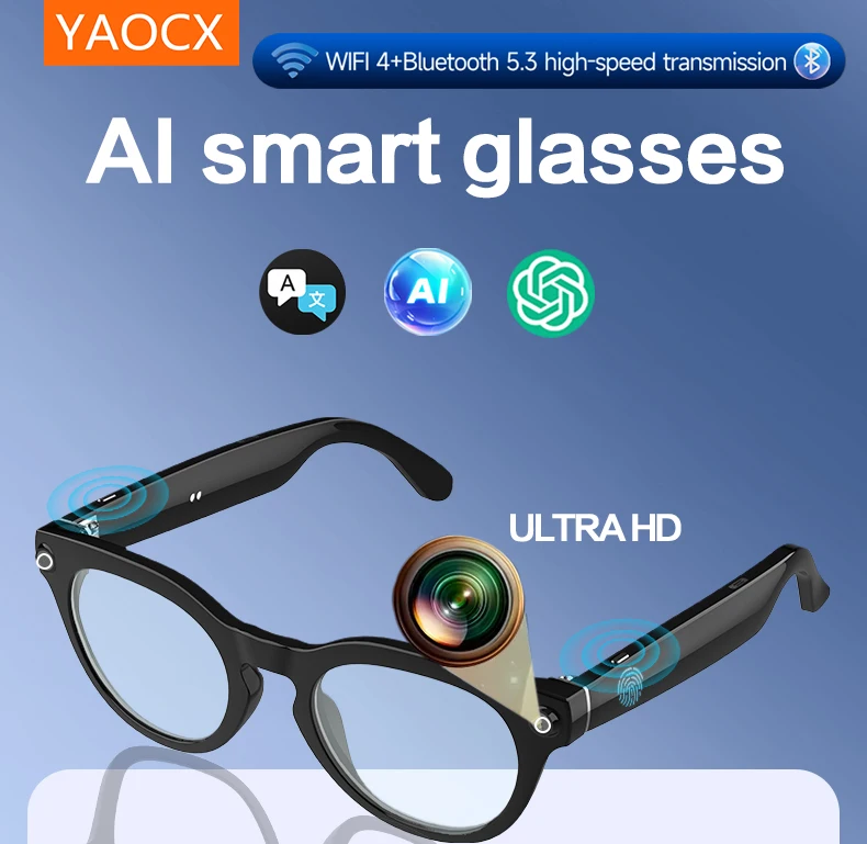 

YAOCX V03-T5 Smart AI Glasses HD 1080P Camera Video Recorder Waterproof Life Voice Translation Blue Call Sunglasses