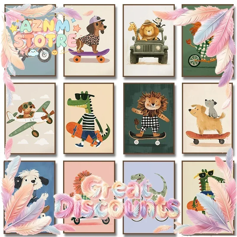 Dog Airplane Lion in Car Animal Skateboard Tiger on Bicycle Poster Print Canvas Painting Print Nursery Wall Art Kids Room Dec