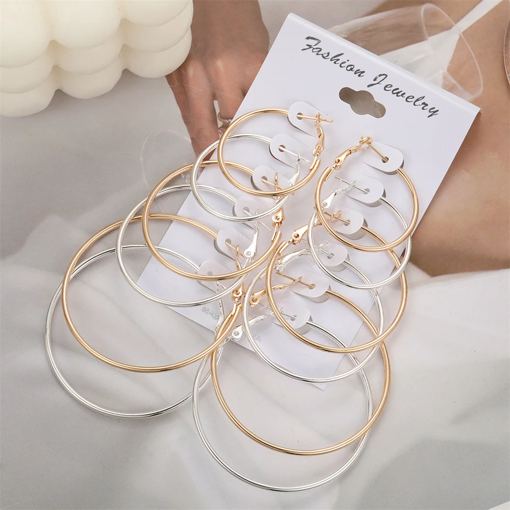 6 Pairs Hyperbole Big Gold Color Metal Hoop Earrings Set for Women Simple Round Circle Earring Female Silver Color Daily Jewelry