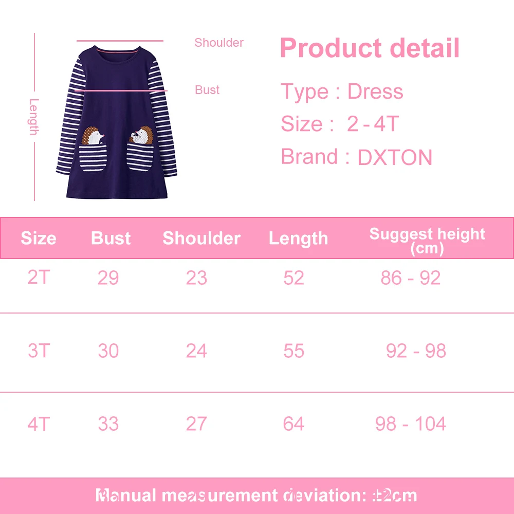 DXTON Baby Girls Dresses Autumn Winter Long Sleeve Kids Dress Kangaroo Cartoon Children Dress With Pocket Stripe Casual Clothing