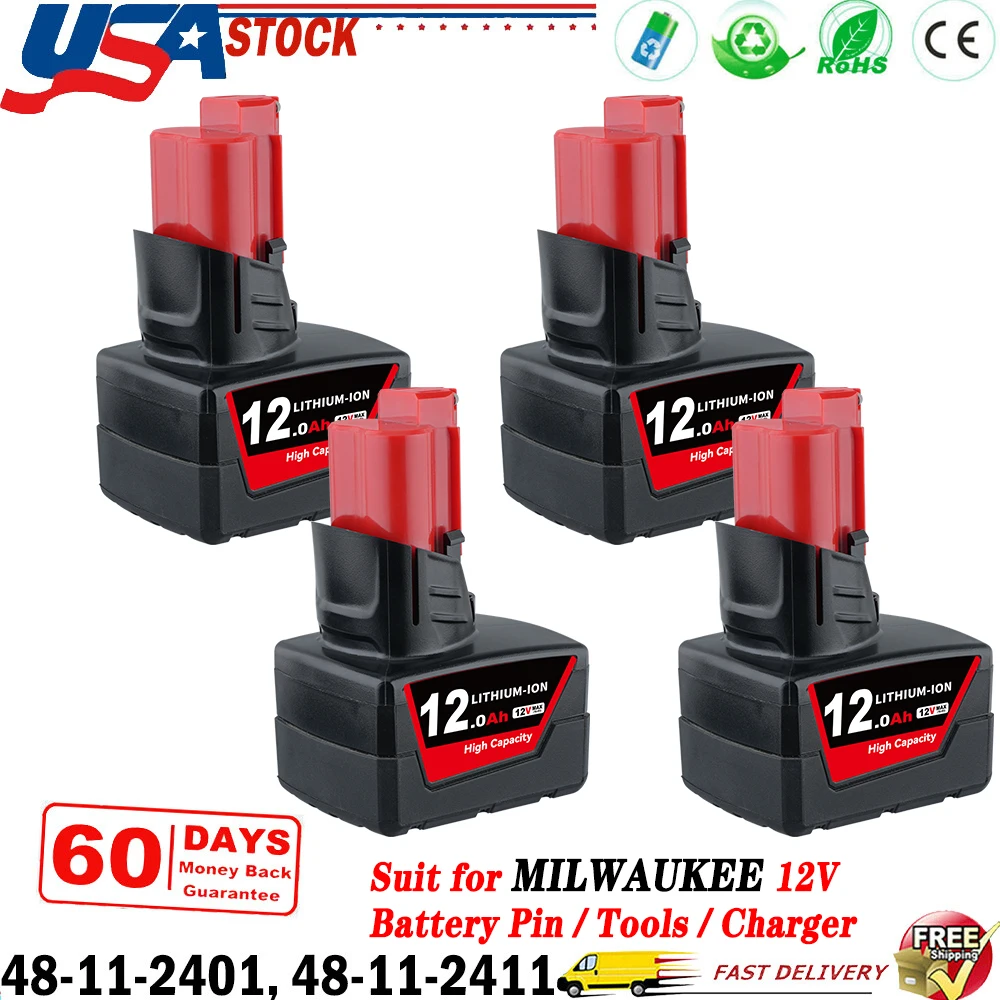 

1/2/4Pcs 12.0Ah M12 Replace for Milwaukee 12V Battery Pin,Compatible with 48-11-2411 48-11-2402 48-11-2440 Cordless Power Tools