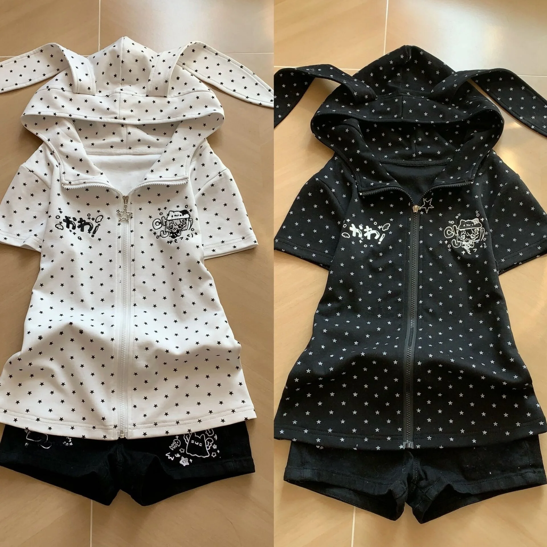 Kawaii Rabbit Ear Hoodie Zipper Short Sleeve Star Print Streetwear Spring Summer Trendy Cultural Outerwear Female Student Uni...