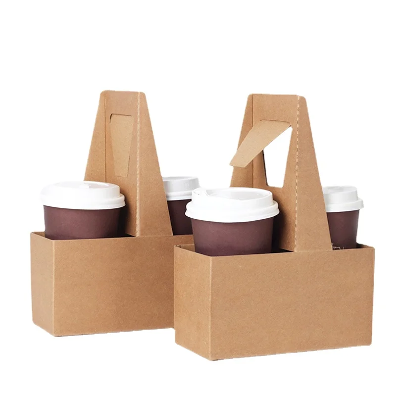 Take-out Kraft Paper Cup Holder Clip Disposable Coffee Drink Tray Base with Handle for 2 cup Party Supplies 10pcs/lot SK801