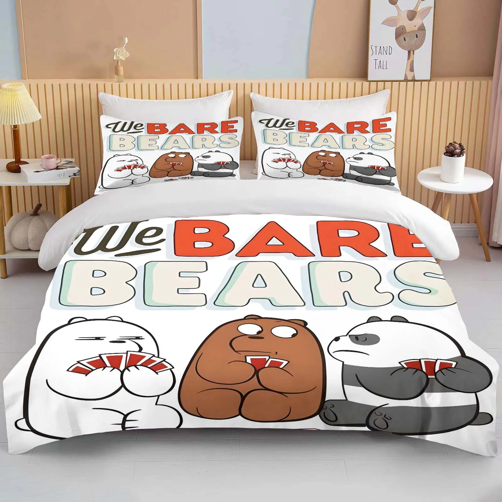 MINISO We Bare Bears Printed Bedding Set Cartoon Anime Duvet Cover Comforter Pillowcase Boys Girls Children Adults King Gift