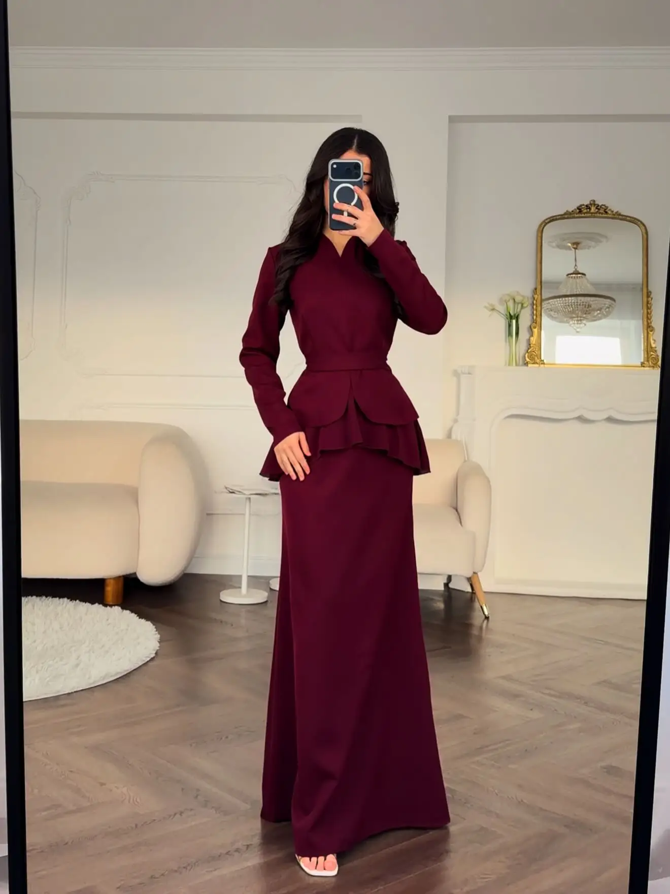 فستان حفلات أنيق مخصص باللون العنابي للنساء برقبة على شكل حرف v وأكمام طويلة للحفلات المسائية بطول الأرض فساتين مناسبة رسمية #6