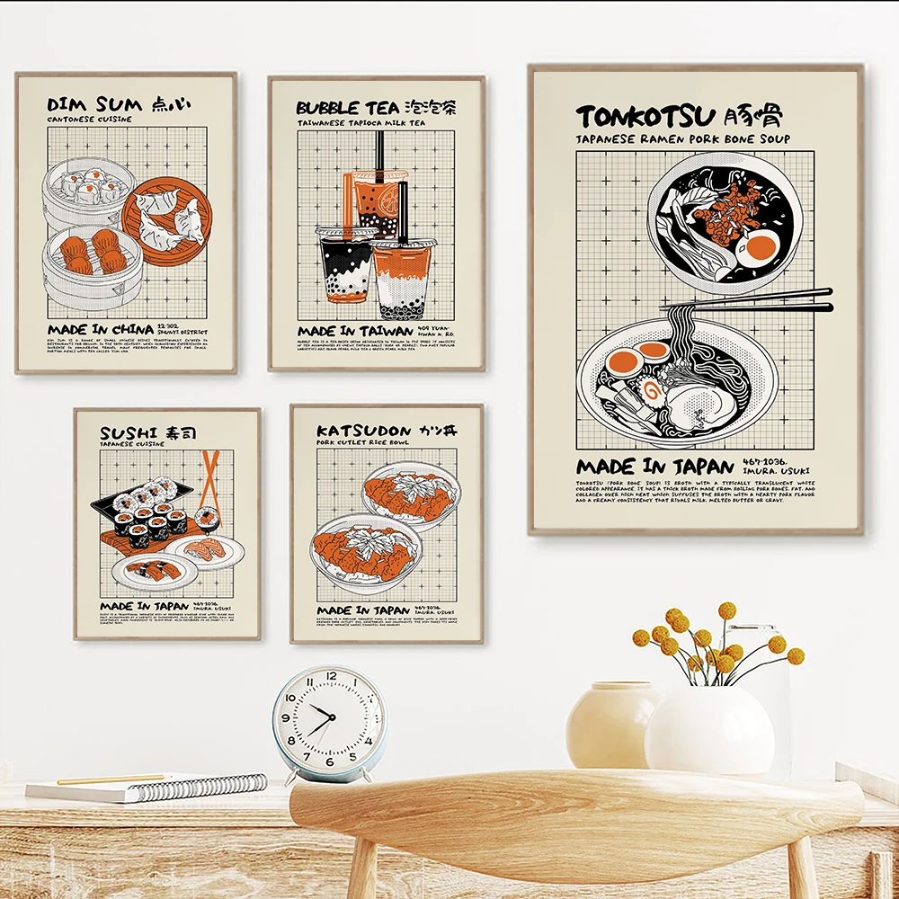 

Retro Dim Sum Sushi Sashimi Ramen Wall Art Print Nostalgic Japanese Food Trendy Modern Kitchen Decor Bubble Milk Tea Poster